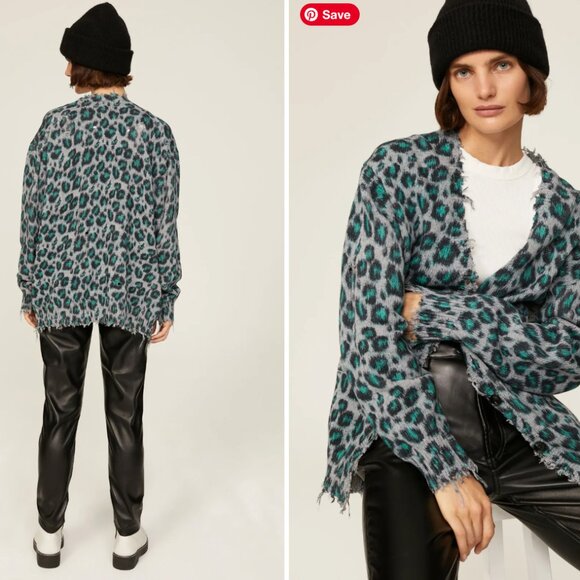 R13 distressed cotton blue leopard cardigan, oversize, Small - Picture 3 of 8